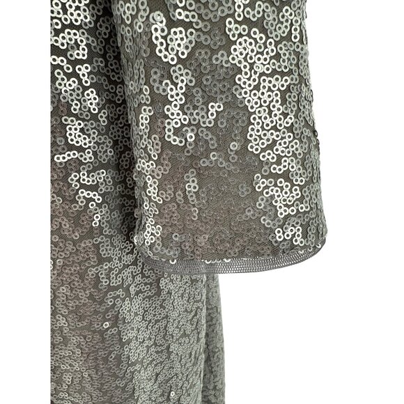 Tadashi Shoji Long-Sleeve Sequined Silver Midi Dress Draped‎ Back Detail Size M - Picture 3 of 9